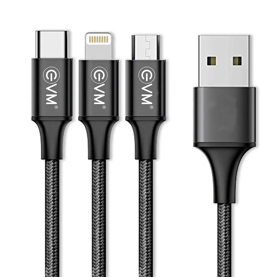 EVM Mobile Charging Cable (Metal Head Nylon Braided Cable) 3 in 1 view 2